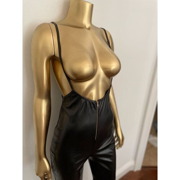 Cherie Los Angeles Black Faux Leather Catsuit Front Zipper & Spaghetti Strap - Picture 2 of 7